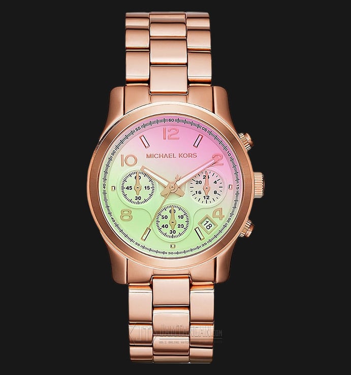 Michael Kors MK6179 Runway Green Pink Dial Rose Gold Stainless Steel Strap Watch