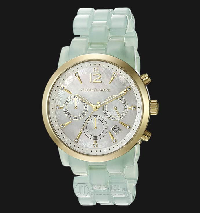 Michael Kors MK6311 Audrina Chronograph Pearl Dial Green Acetate Strap Watch