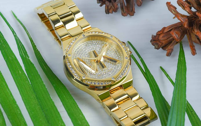 Michael Kors Lennox MK7229 Ladies Full Diamond Dial Gold Stainless Steel Strap