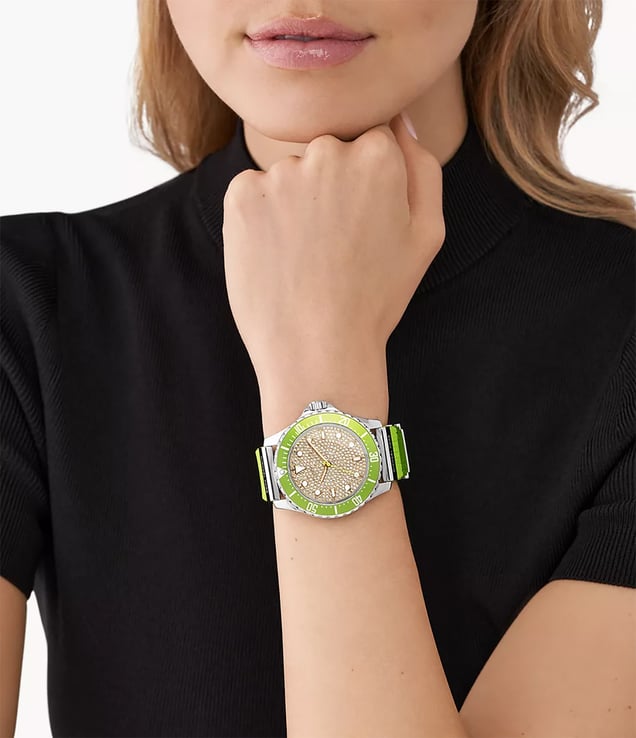 Michael Kors Everest Pave MK7360 Gold Dial Green Embossed Silicone Strap