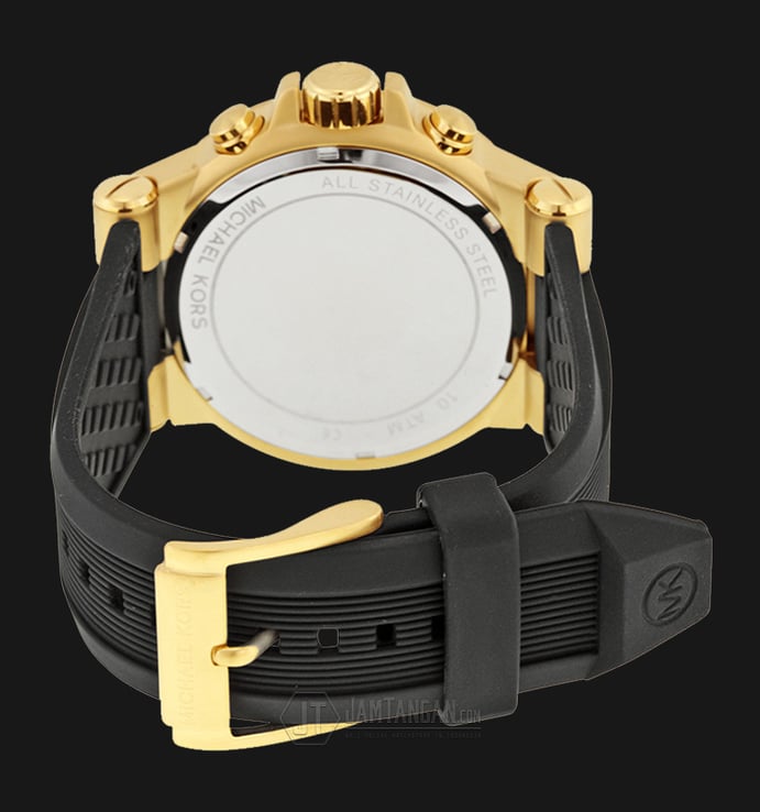 Michael Kors MK8445 Dylan Gold Tone Black Dial Black Silicone Strap Watch 