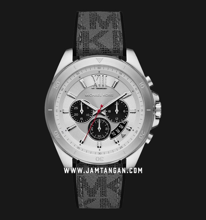 Michael Kors Oversized Brecken MK8922 Chronograph Men Silver Dial Grey Canvas With Leather Strap