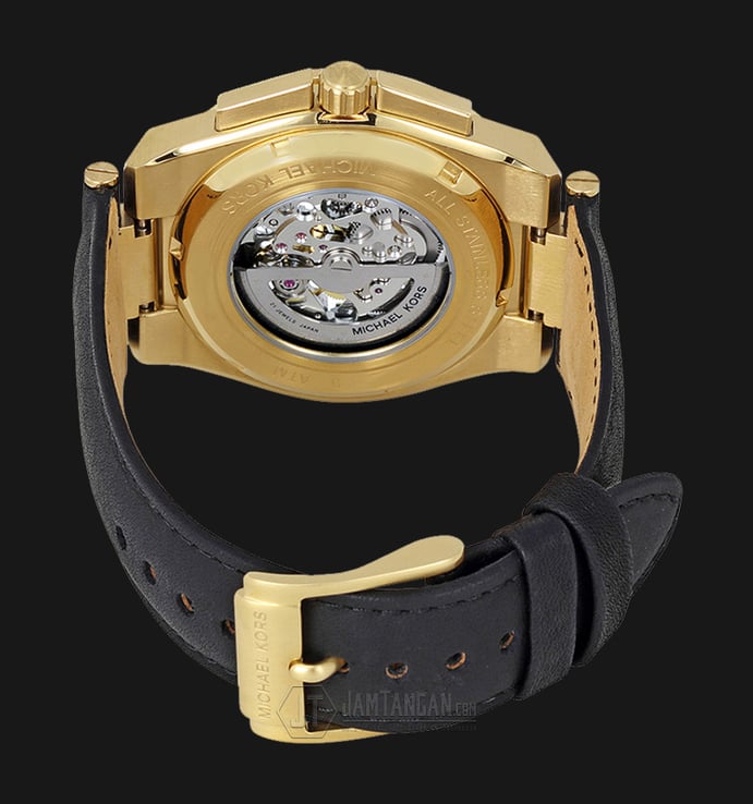 Michael Kors MK9031 Wilder Gold Tone Skeleton Dial Automatic Black Leather Strap