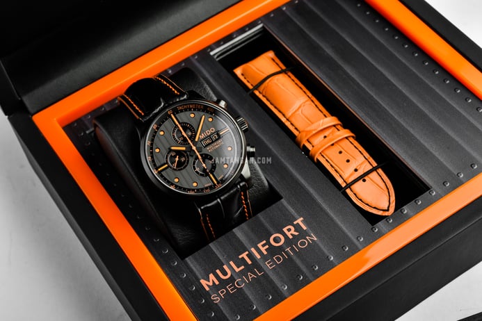 MIDO Multifort M005.614.36.051.22 Chronograph Automatic Black Dial Black Leather Strap