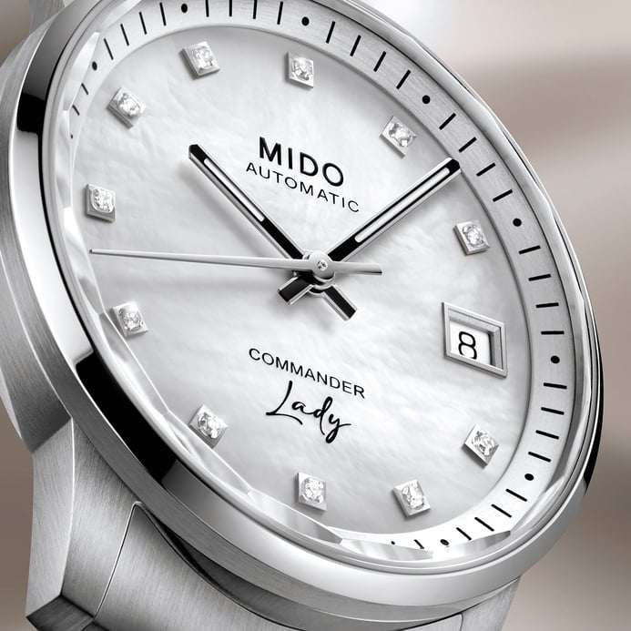 Mido Commander M021.207.11.106.00 Lady Silver Diamonds MOP Dial Stainless Steel Strap