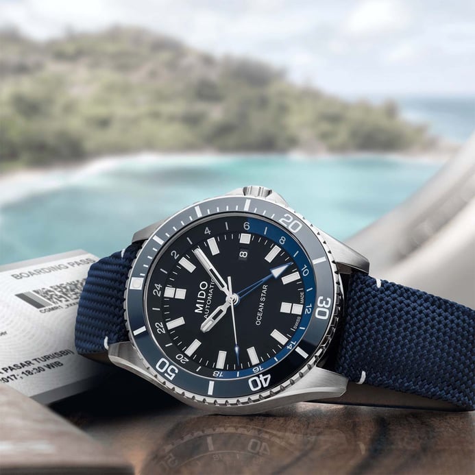 MIDO Ocean Star M026.629.17.051.00 GMT Black Dial Blue Fabric With Leather Strap