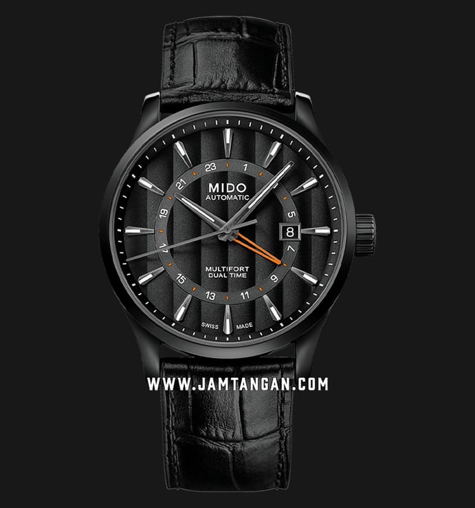 Mido M038.429.36.051.00 Multifort Dual Time Automatic Black Dial Black Leather Strap