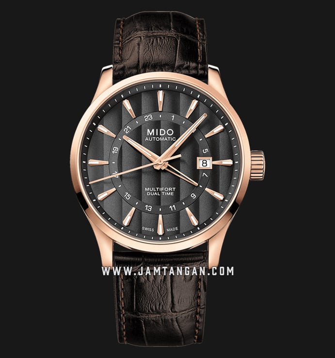 MIDO Multifort M038.429.36.061.00 Dual Time Automatic Anthracite Dial Brown Leather Strap
