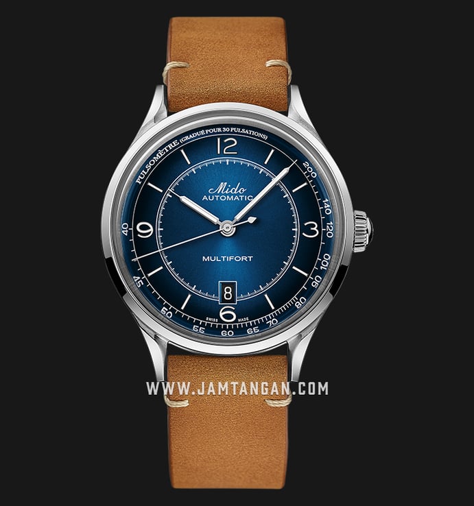 MIDO Multifort M040.407.16.040.00 Patrimony Automatic Blue Dial Brown Patina Leather Strap