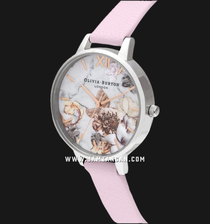 Olivia Burton Floral OB16CS21 Marble Florals Multicolor Dial Pearlescent Pink Leather Strap