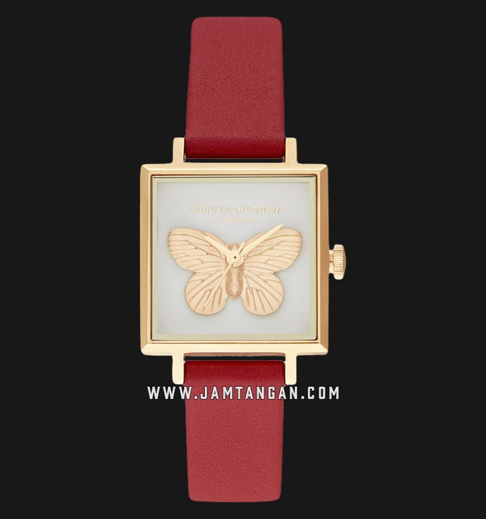 Olivia Burton Butterfly OB16GSET27 White Dial Red Leather Strap + Gift Set