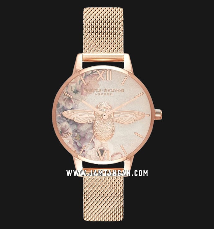 Olivia Burton Watercolour Florals OB16PP40 3D Bee On Dial Rose Gold Mesh Strap
