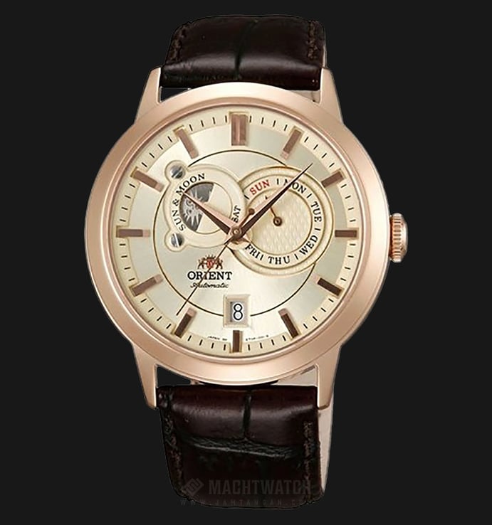 Orient FET0P001W Automatic Multi-Eyes Sun & Moon Gold Dial Brown Leather Strap