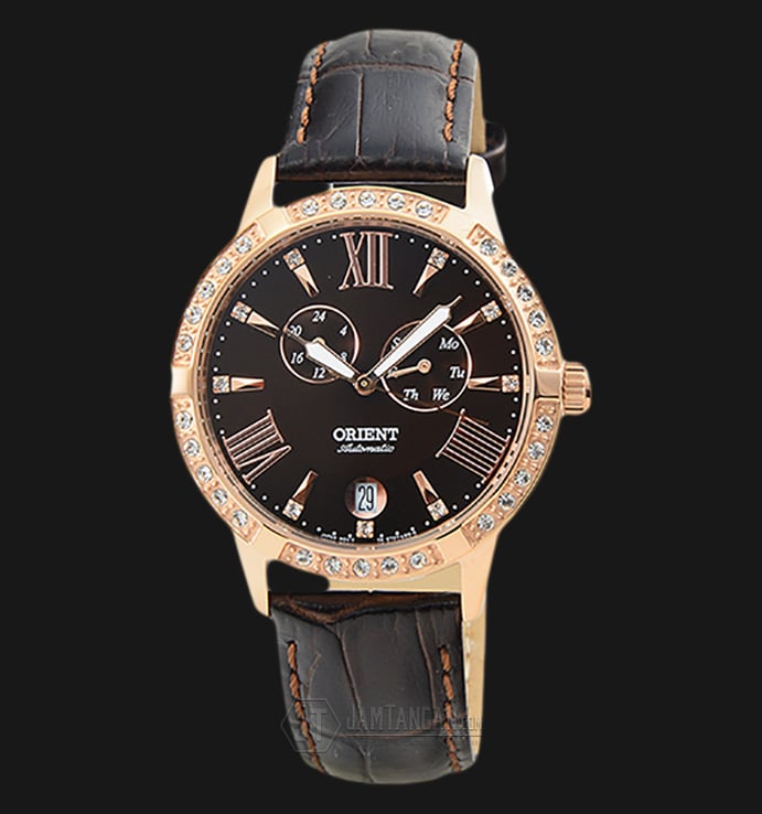 Orient Automatic FET0Y001T Crystal Bezel Brown dial Leather Strap