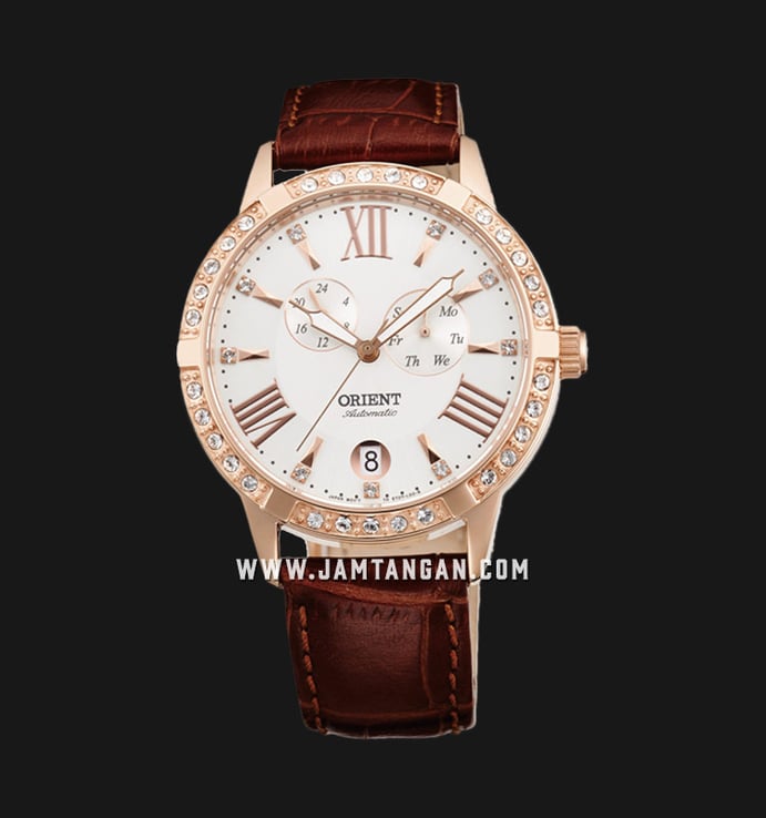 Orient Automatic FET0Y002W Crystal Bezel White dial Leather Strap