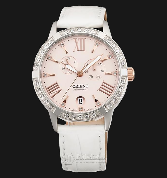 Orient FET0Y003Z Automatic Crystal Bezel Pink dial White Leather Strap