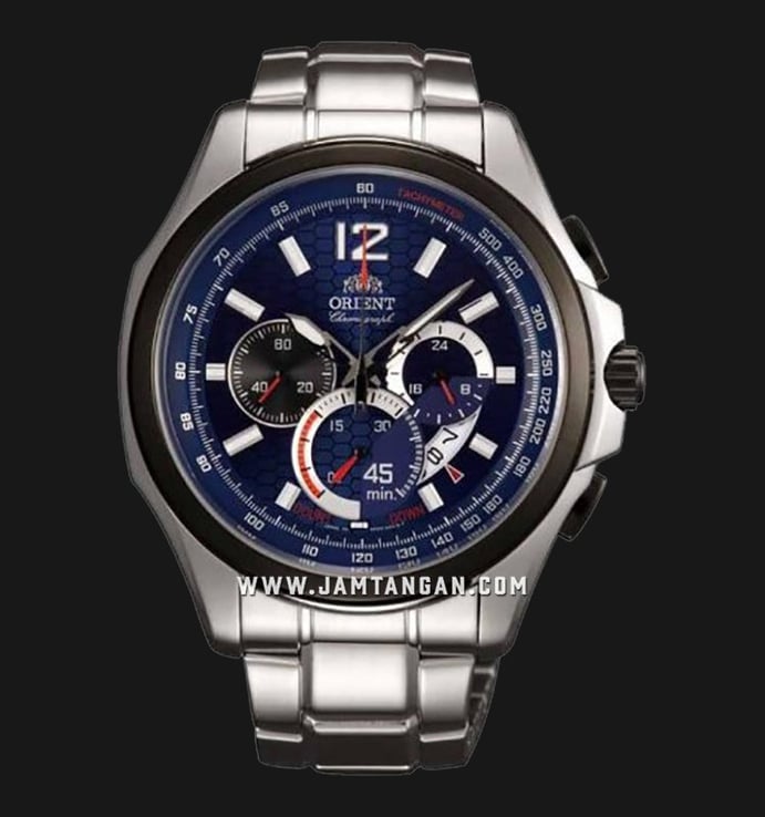 Orient Sport FSY00002D Chronograph Men Blue Honeycomb Pattern Dial Stainless Steel Strap
