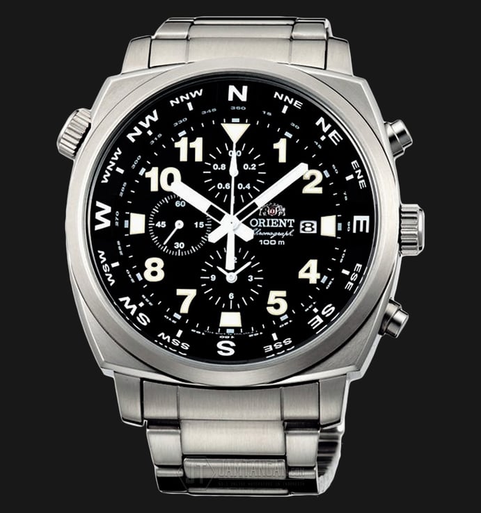 Orient FTT17001B Pilot Chronograph Analogue Black Dial Stainless Steel Strap