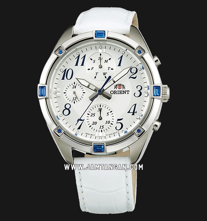 Orient FUY04006W Chronograph Ladies Silver Dial White Leather Strap