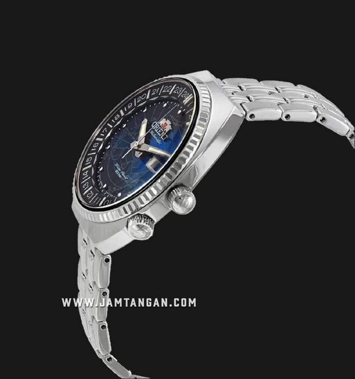Orient Mechanical Revival RA-AA0E03L Automatic Men Blue World Map Dial Stainless Steel Strap