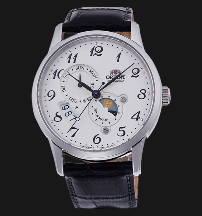 Orient Classical RA-AK0003S Automatic Men SUN & MOON White Dial Black Leather Strap Limited Model 