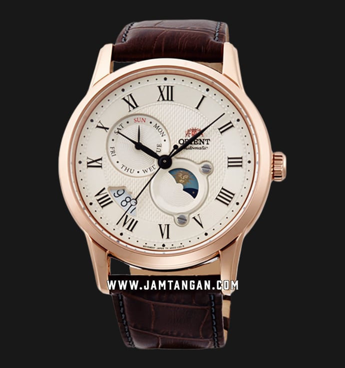 Orient Classic RA-AK0007S Sophisticated Sun & Moon Textured Ivory Dial Brown Leather Strap