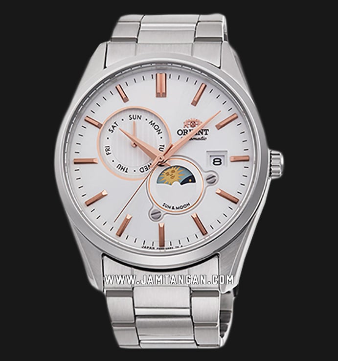 Orient RA-AK0301S Automatic Men Sun & Moon Silver Dial Stainless Steel Strap
