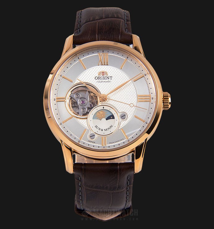Orient RA-AS0003S Automatic Men Sun & Moon Open Heart Silver Dial Brown Leather Strap