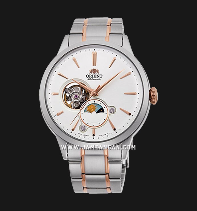 Orient RA-AS0101S10B Automatic Sun & Moon Open Heart White Dial Dual Tone Stainless Steel Strap