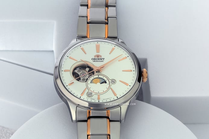 Orient RA-AS0101S10B Automatic Sun & Moon Open Heart White Dial Dual Tone Stainless Steel Strap