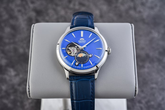 Orient RA-AS0103A Automatic Sun & Moon Open Heart Blue Dial Blue Navy Leather Strap