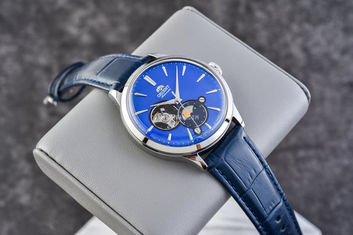 Orient RA-AS0103A Automatic Sun & Moon Open Heart Blue Dial Blue Navy Leather Strap
