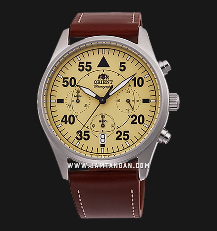 Orient Sport RA-KV0503Y Chronograph Beige Dial Brown Leather Strap