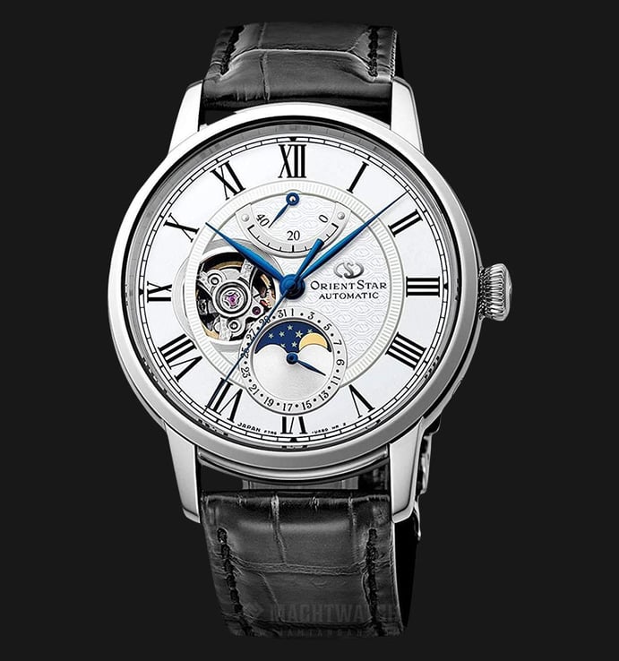 Orient Star RE-AM0001S Classic Mechanical Moon Phase Men White Dial Black Leather Strap