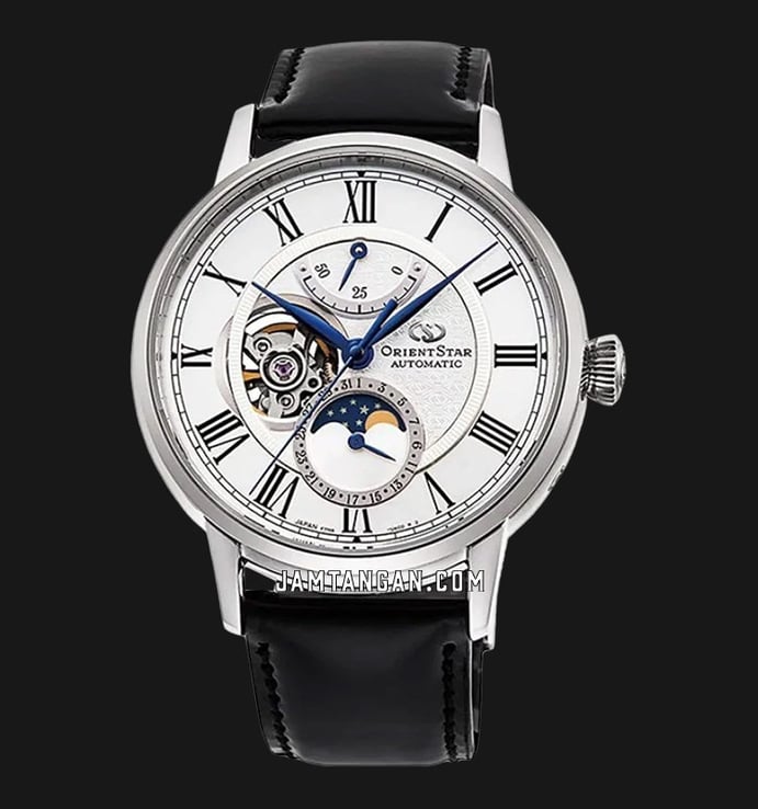 Orient Star RE-AY0106S Mechanical M45 Watch Men Silver Moon Phase Dial Black Leather Strap
