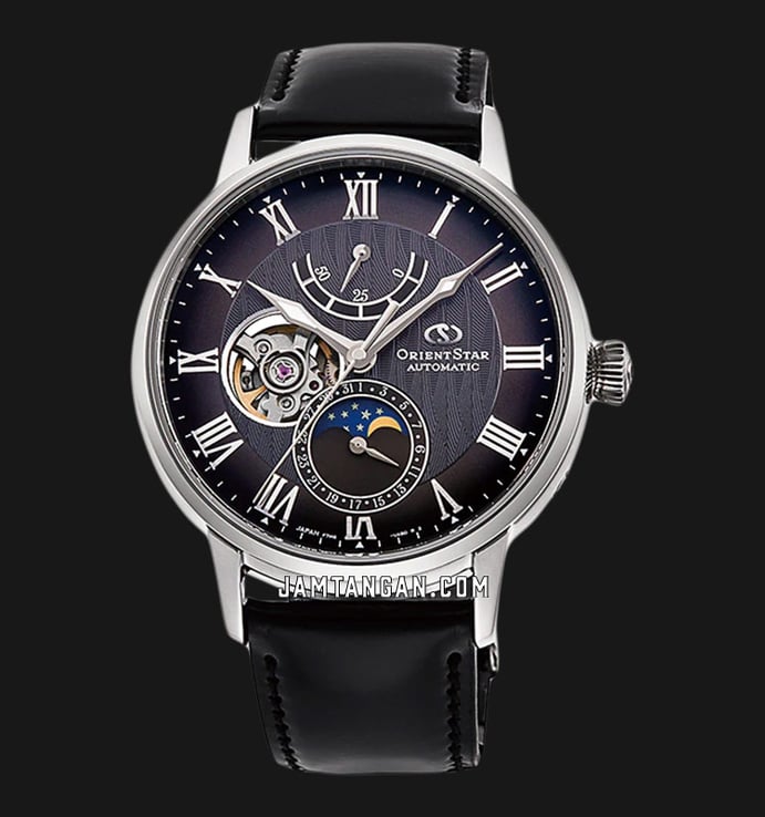 Orient Star RE-AY0107N Mechanical M45 Watch Men Black Moon Phase Dial Black Leather Strap
