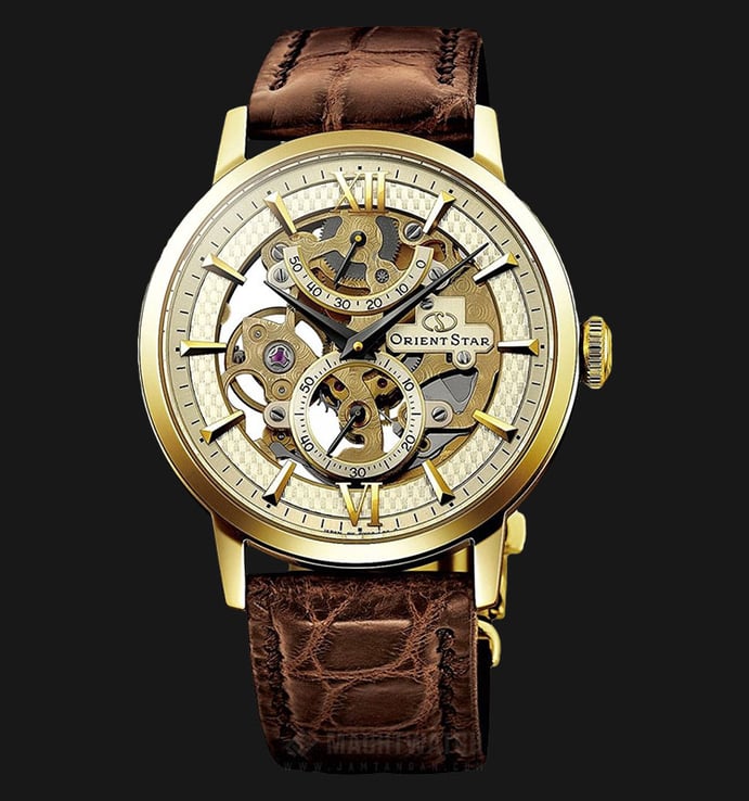 Orient STAR SDX02001C Hand-Winding Men Skeleton Gold Dial Brown Leather Strap