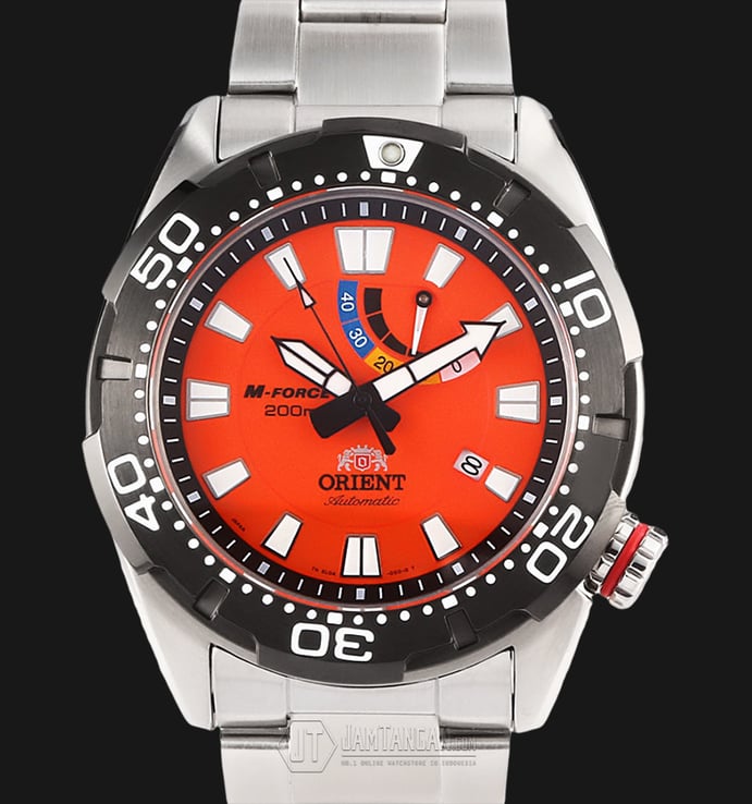 Orient M-Force Bravo SEL0A003M Automatic Diver 200M Orange Dial Stainless Steel Strap