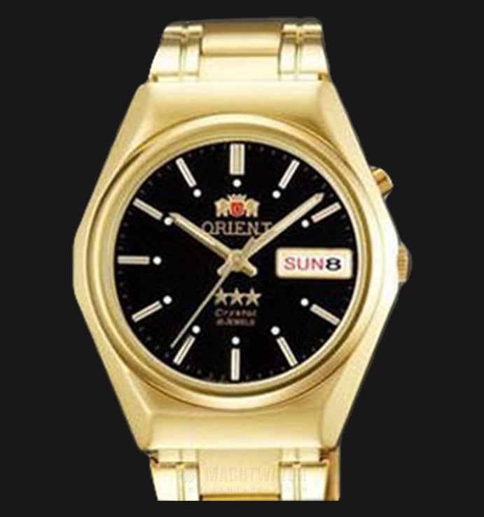 Orient 3 Stars SEM0B01BB Crystal Automatic Men Black Dial Gold Stainless Steel Strap