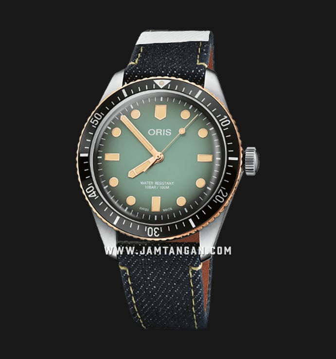 Oris Divers 01-733-7707-4337-Set Sixty-Five Momotaro Green Dial Denim Strap + Extra Wallet