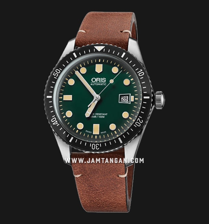 Oris Divers 01-733-7720-4057-07-5-21-45 Sixty-Five Green Dial Brown Leather Strap