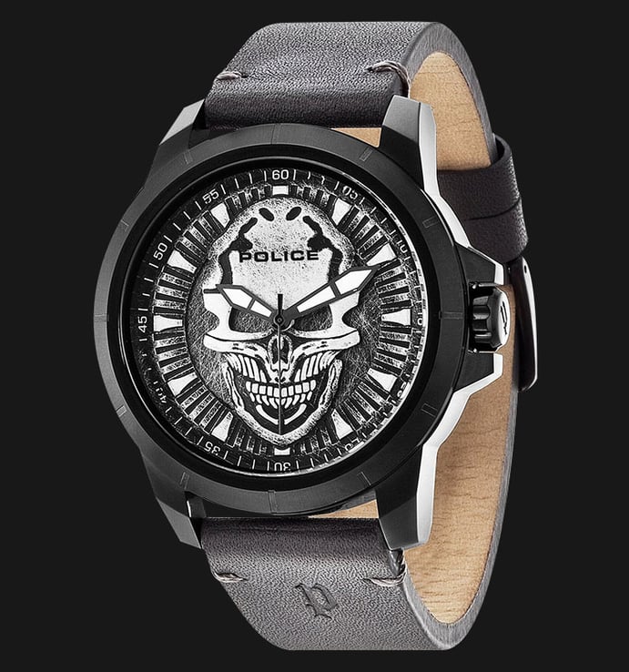 Police Reaper PL.14385JSB/57 Grey Skull Dial Grey Leather Strap and Skull Shirt