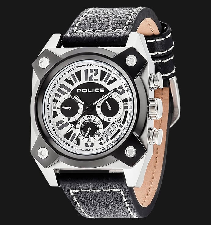 Police Hellcat PL.14691JSTB/02 Chrono Black White Dial Stainless Steel Case Black Leather Strap