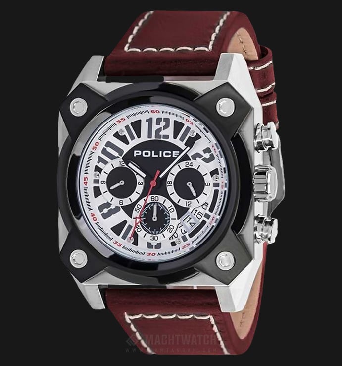 Police Hellcat PL.14691JSTB/02A Chrono Black White Dial Stainless Steel Case Red Leather Strap