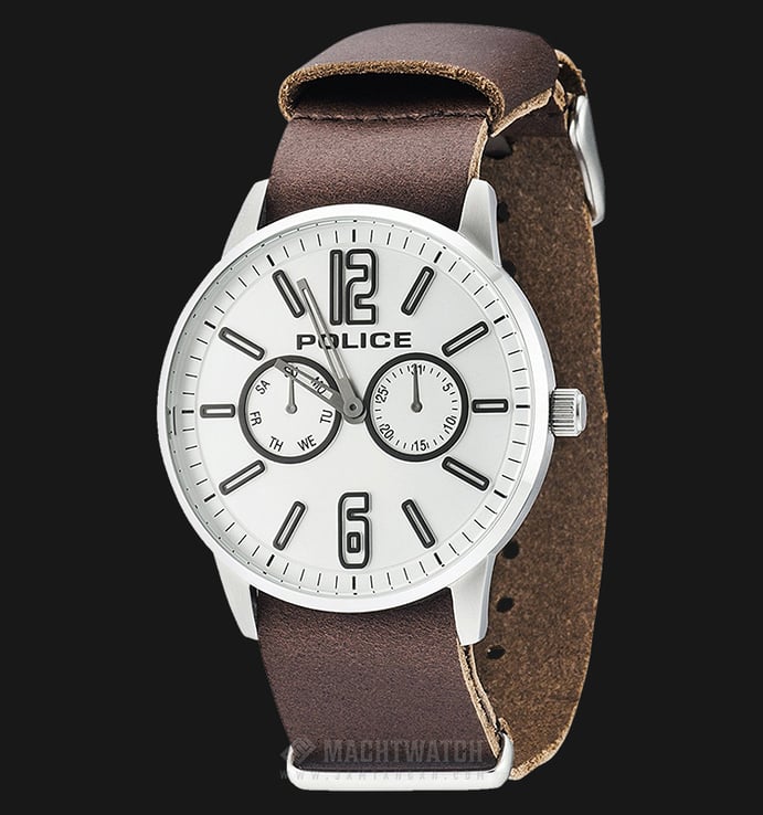 Police Esquire X PL.14766JS/04 Silver Dial Stainless Steel Case Dark Brown Leather Strap