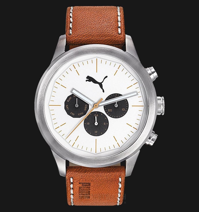 PUMA PU104281002 Men Chronograph White Dial Stainless Steel Case Leather Strap