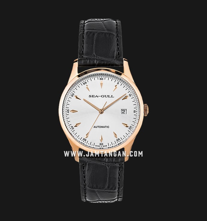 Seagull D519.447-WH Classic Automatic Mechanical Silver Dial Black Leather Strap