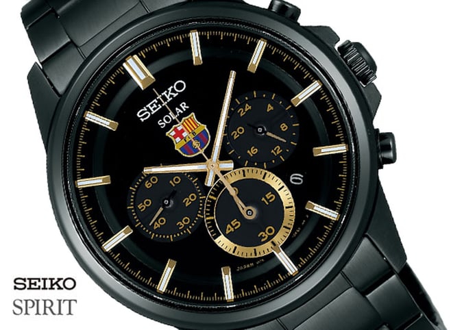 Seiko Solar SBPY051 Spirit FCB Barcelona Chronograph Black Dial Black Stainless Steel Strap