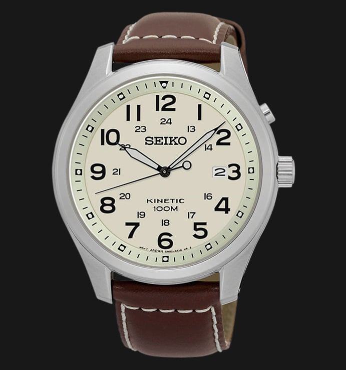 Seiko Kinetic SKA723P1 Silver Case Beige Dial Brown Leather Strap