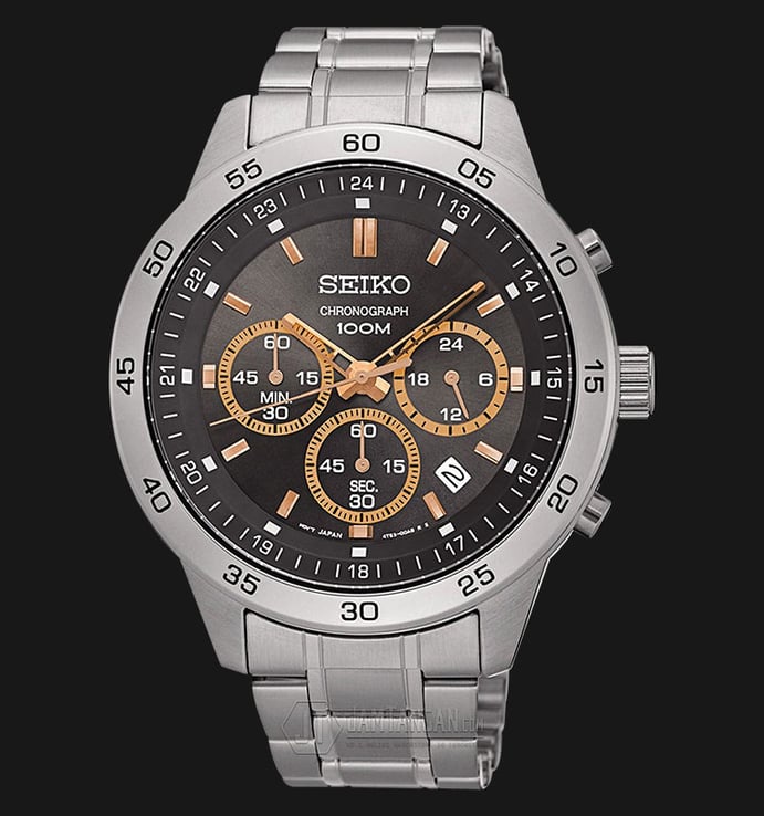 Seiko Chronograph SKS521P1 Black Dial Gold Hands Stainless Steel Bracelet
